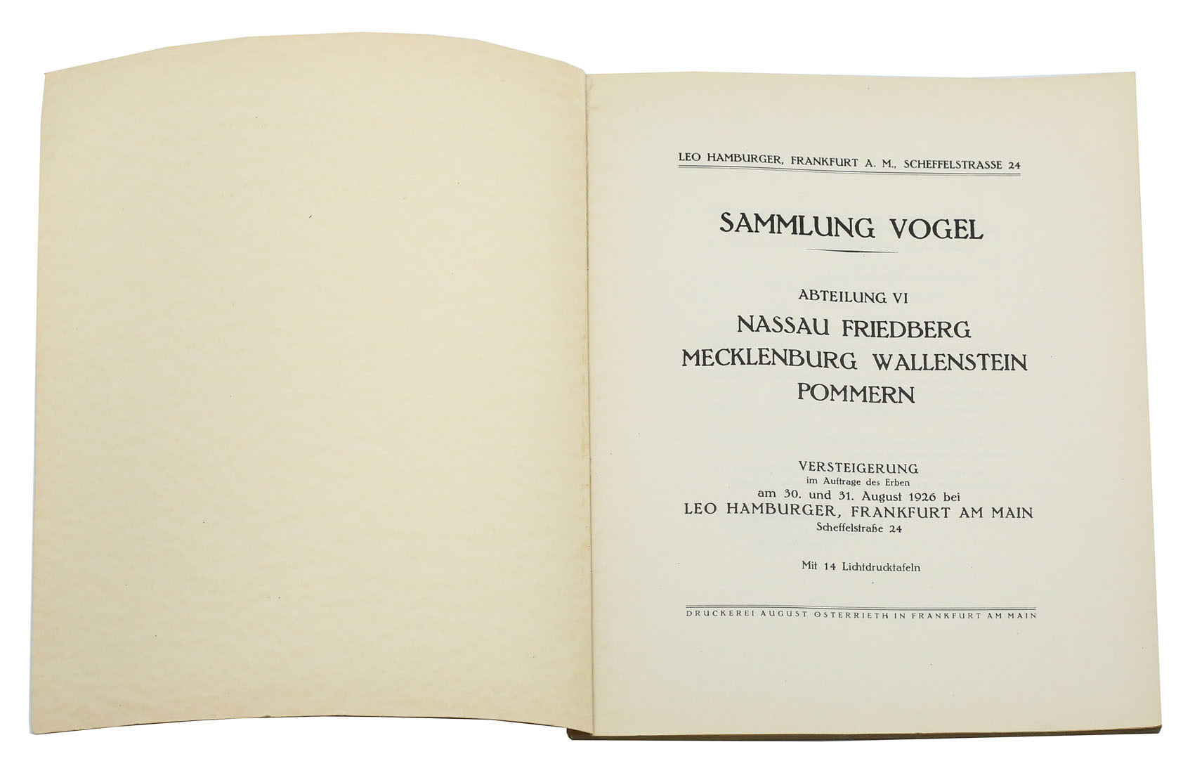 Katalog aukcyjny Leo Hamburger „Sammlung Vogel Abteilung 6. Nassau Friedberg Mecklenburg Wallenstein Pommern”